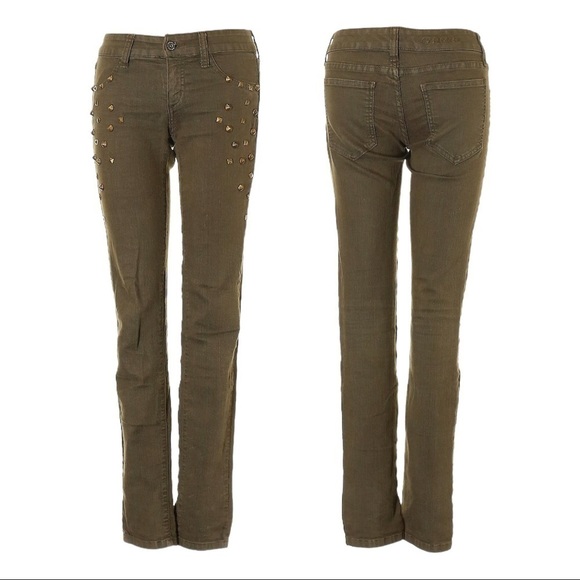 Carmar Moto Olive Green Gold Studded Skinny Jeans Size 25 - Picture 1 of 12